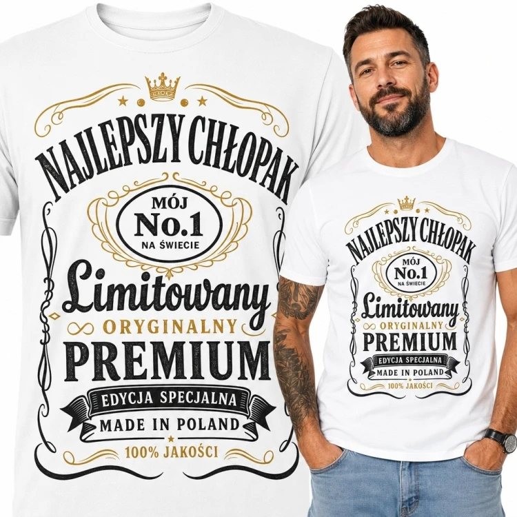 Koszulka męska „Najlepszy chłopak” - czarno-złota etykieta retro