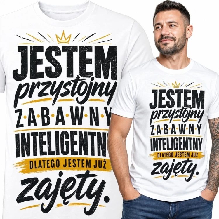 Koszulka męska z napisem „Jestem przystojny, zabawny, inteligentny, dlatego jestem już zajęty” - humor dla partnera