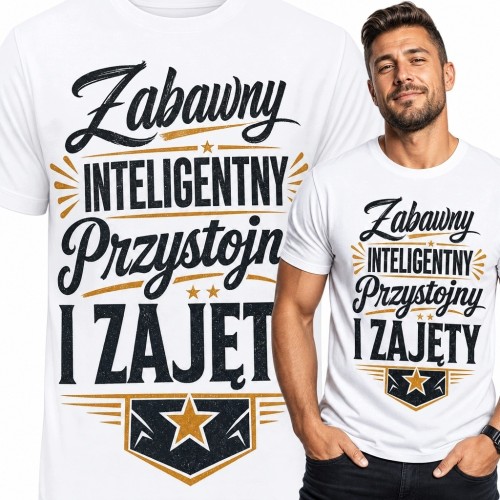 Koszulka męska z napisem „Zabawny Inteligentny Przystojny i Zajęty” - biała z czarno-złotym wzorem retro
