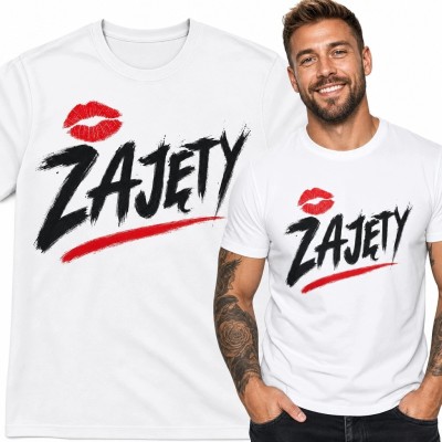 Koszulka męska z napisem „Zajęty” - czerwony ślad ust