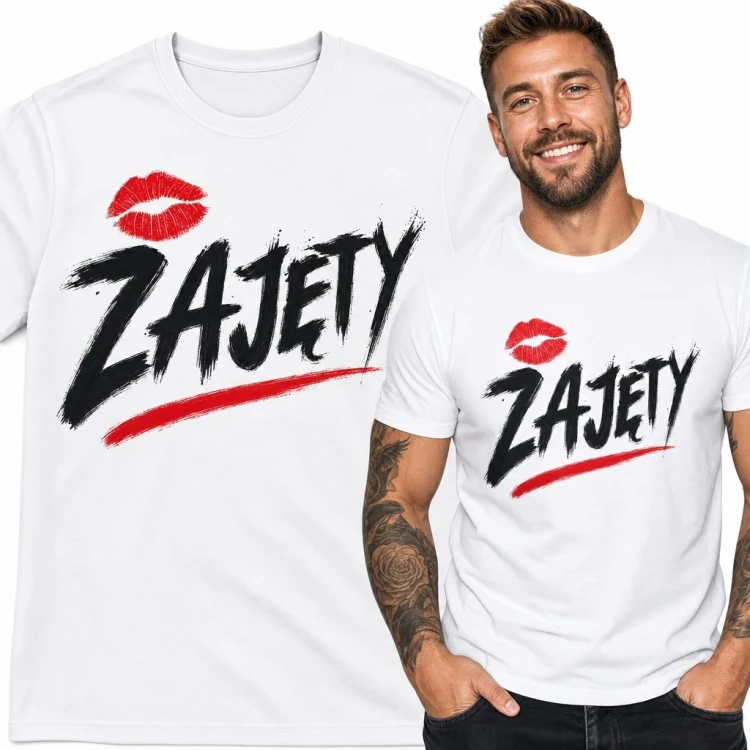 Koszulka męska z napisem „Zajęty” - czerwony ślad ust