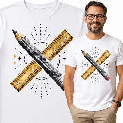 Koszulka męska ze skrzyżowanym ołówkiem i linijką - retro motyw projektowania