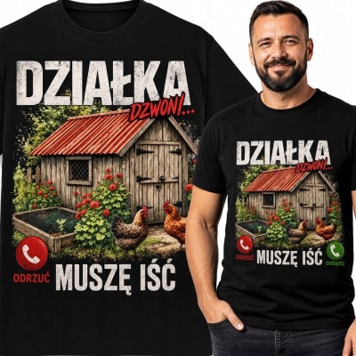 Koszulka męska dla działkowca „Działka dzwoni… muszę iść” - altana i kury