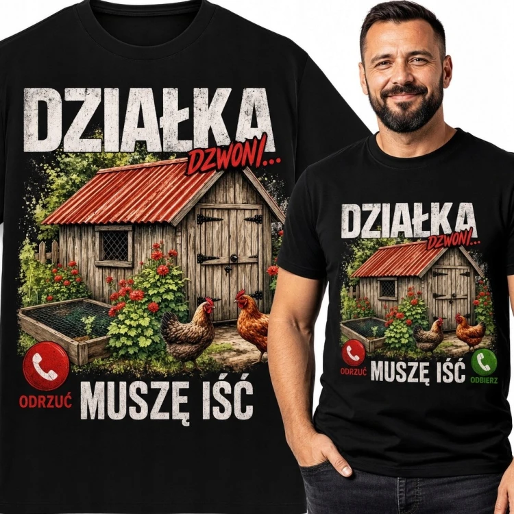 Koszulka męska dla działkowca „Działka dzwoni… muszę iść” - altana i kury