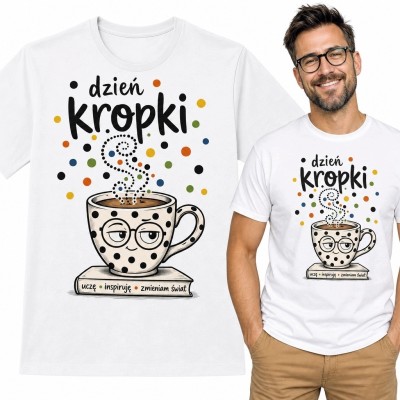 Koszulka męska dla nauczyciela „Dzień kropki” - kolorowy kubek w kropki