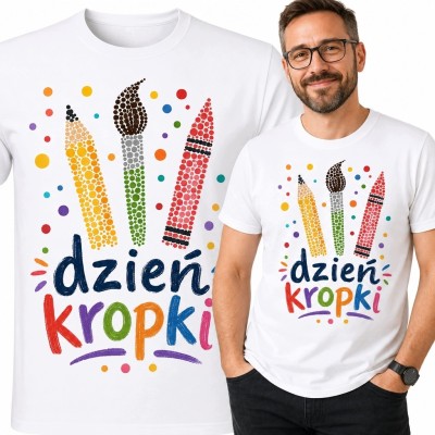 Koszulka męska „Dzień Kropki” - kolorowe przybory plastyczne