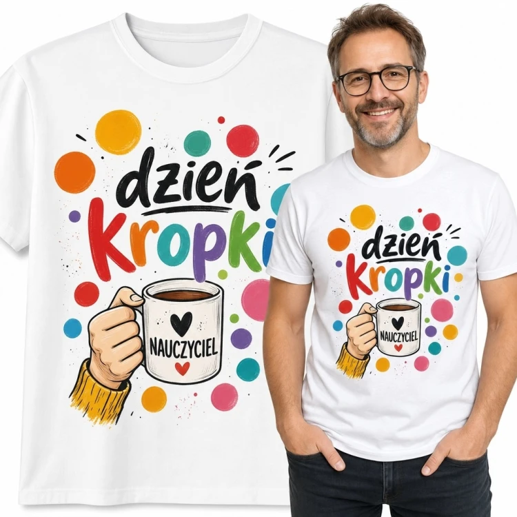 Koszulka męska dla nauczyciela „Dzień Kropki” - kolorowy szkolny motyw