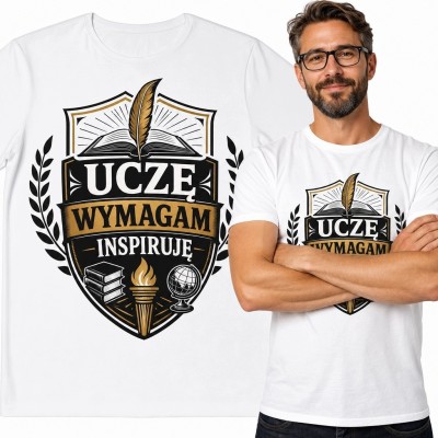 Koszulka męska dla nauczyciela „Uczę, wymagam, inspiruję” - heraldyczny emblemat