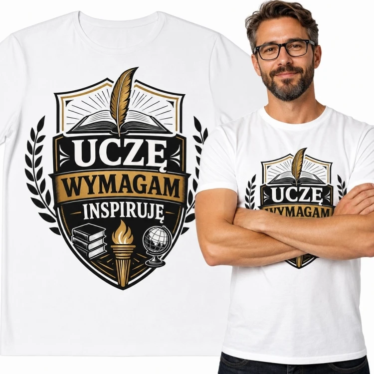 Koszulka męska dla nauczyciela „Uczę, wymagam, inspiruję” - heraldyczny emblemat