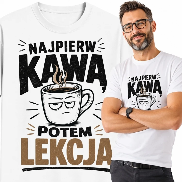 Koszulka męska dla nauczyciela „Najpierw kawa, potem lekcja” - zabawny kubek kawy