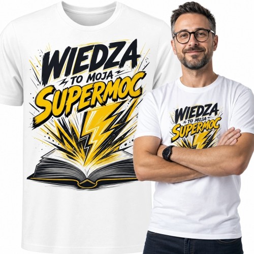 Koszulka męska z napisem „Wiedza to moja supermoc” i otwartą książką - komiksowy wzór