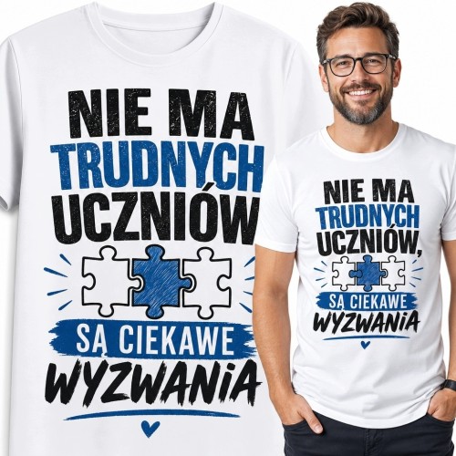 Koszulka męska dla nauczyciela „Nie ma trudnych uczniów, są ciekawe wyzwania” - motyw puzzli