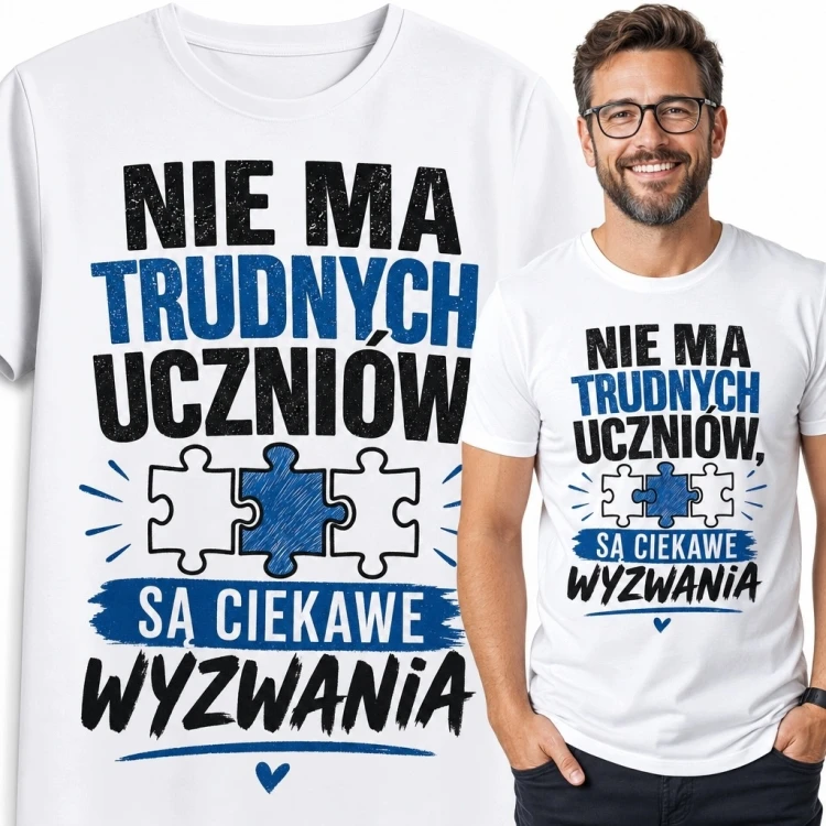 Koszulka męska dla nauczyciela „Nie ma trudnych uczniów, są ciekawe wyzwania” - motyw puzzli
