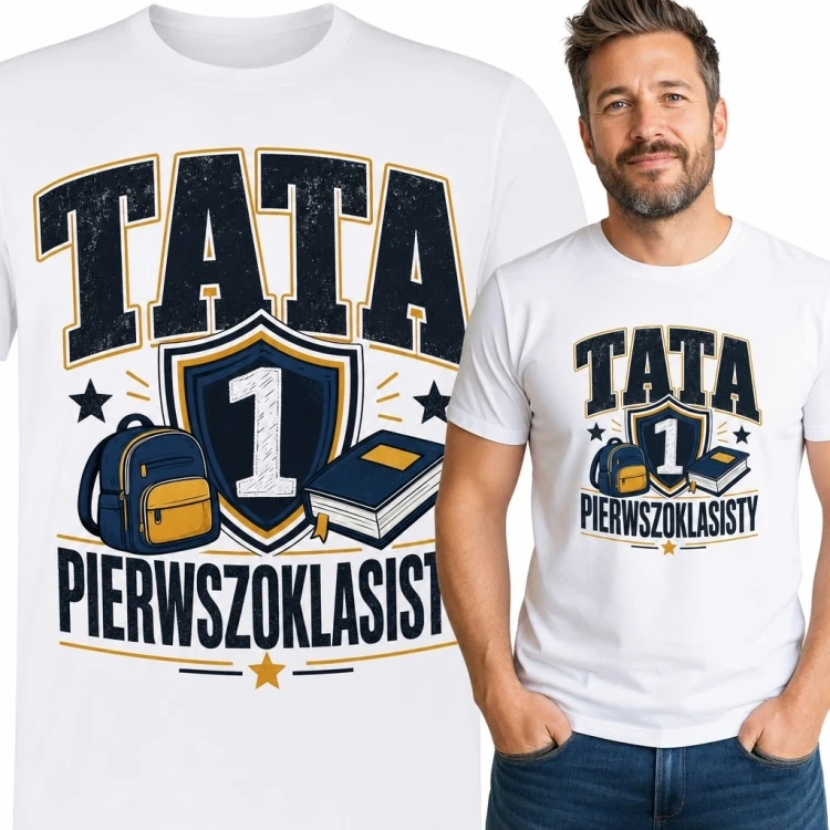 Koszulka męska „Tata pierwszoklasisty” - szkolny nadruk z tarczą