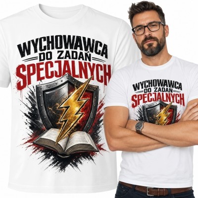 Koszulka męska dla wychowawcy „Wychowawca do zadań specjalnych” - tarcza i książka