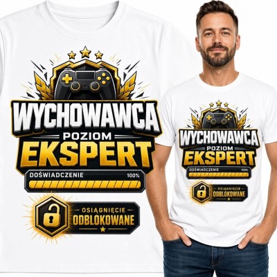 Koszulka męska dla wychowawcy „Wychowawca poziom ekspert” - gamingowy nadruk z kontrolerem