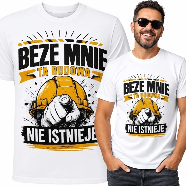 Koszulka męska dla budowlańca „Beze mnie ta budowa nie istnieje” - kask budowlany