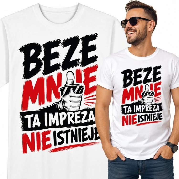 Koszulka męska „Beze mnie ta impreza nie istnieje” - śmieszny wzór na imprezę
