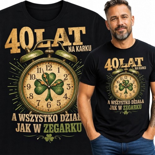 Koszulka męska na 40 urodziny „40 lat na karku, a wszystko działa jak w zegarku” - retro budzik