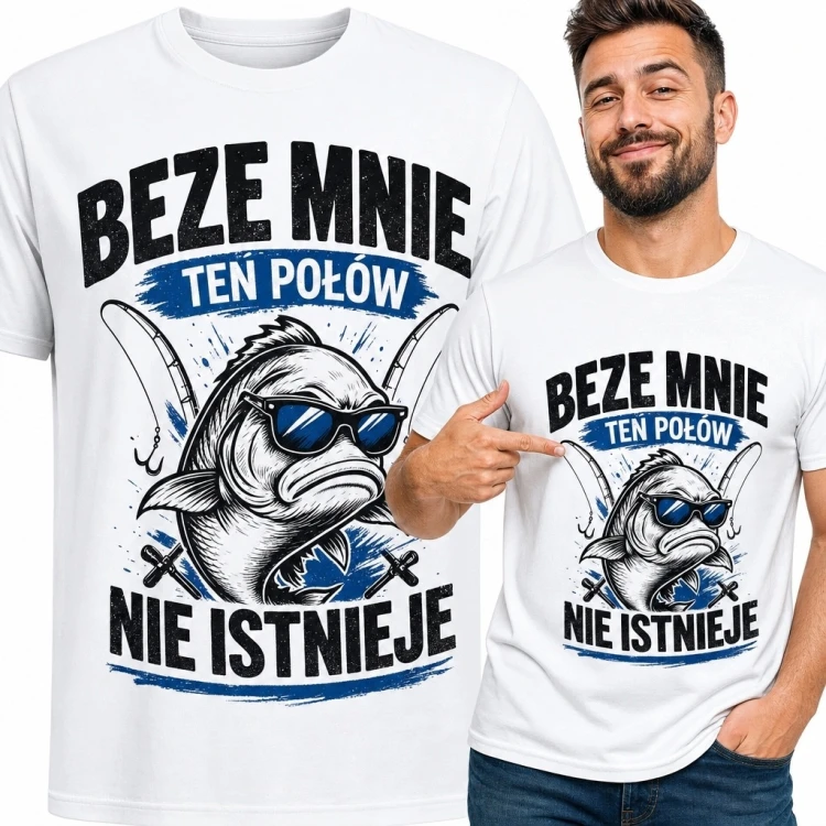 Koszulka męska dla wędkarza „Beze mnie ten połów nie istnieje” - ryba w okularach