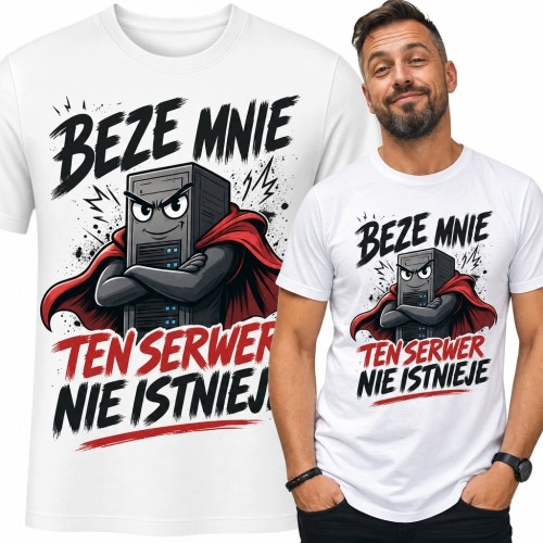 Koszulka męska dla administratora serwera „Beze mnie ten serwer nie istnieje” - komiksowy motyw IT