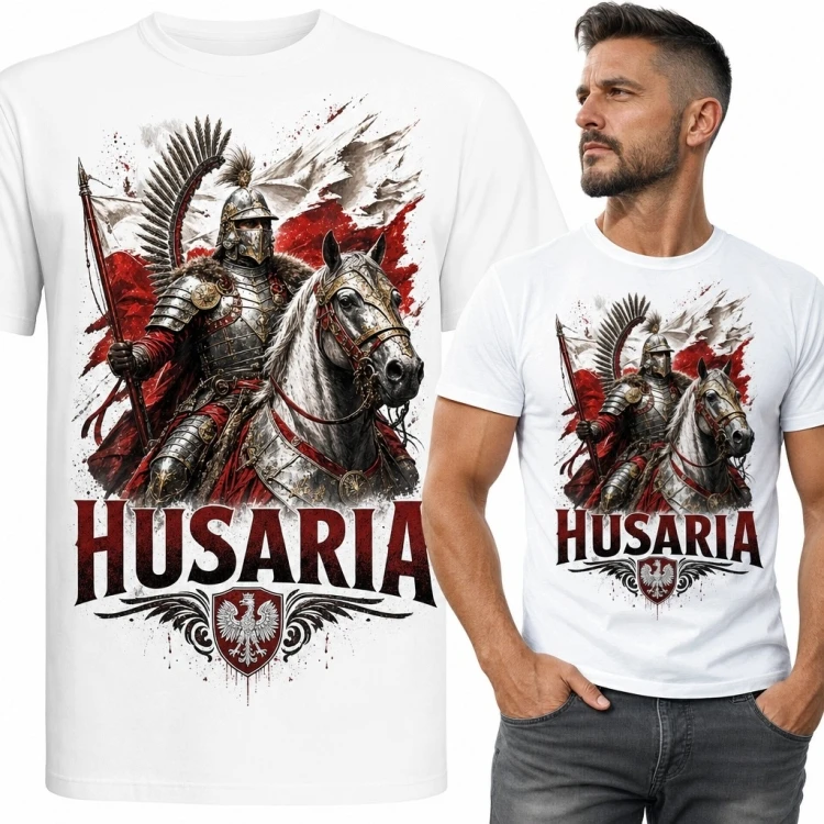 Koszulka męska z husarzem „Husaria” - konny wojownik i tarcza z białym orłem