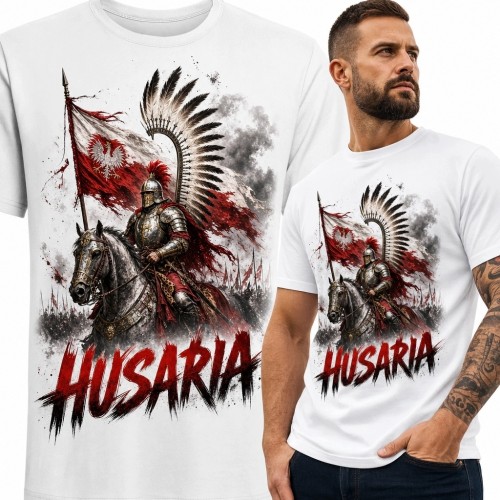 Koszulka męska z konnym husarzem i napisem „Husaria” - patriotyczny wzór