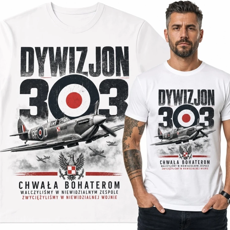 Koszulka męska z samolotem „Dywizjon 303” - „Chwała Bohaterom”