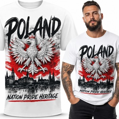 Koszulka męska patriotyczna z orłem i napisem „Poland” - biało-czerwony wzór grunge