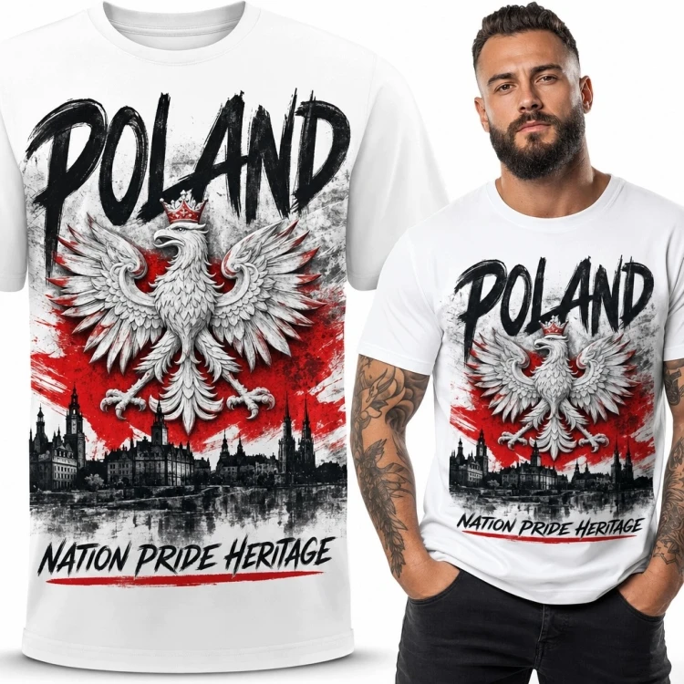 Koszulka męska patriotyczna z orłem i napisem „Poland” - biało-czerwony wzór grunge