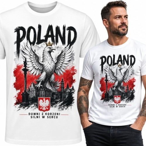 Koszulka męska patriotyczna z Białym Orłem „Poland” - „Dumni z korzeni silni w sercu”