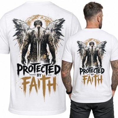 Koszulka męska ze skrzydlatym wojownikiem „Protected by Faith” - nadruk na plecach