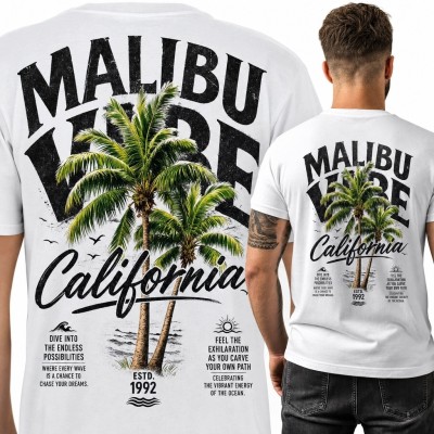 Koszulka męska „Malibu Vibes” z palmami - kalifornijski nadruk na plecach