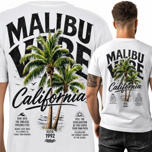 Koszulka męska „Malibu Vibes” z palmami - kalifornijski nadruk na plecach