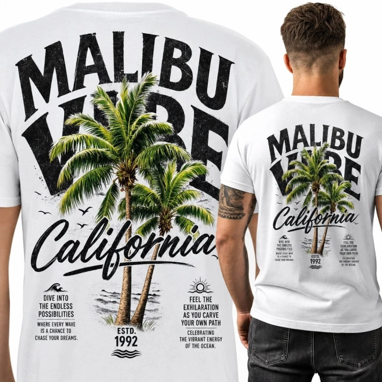 Koszulka męska „Malibu Vibes” z palmami - kalifornijski nadruk na plecach
