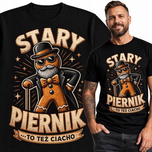 Koszulka męska z piernikowym gentlemanem „Stary piernik… to też ciacho” - humor retro