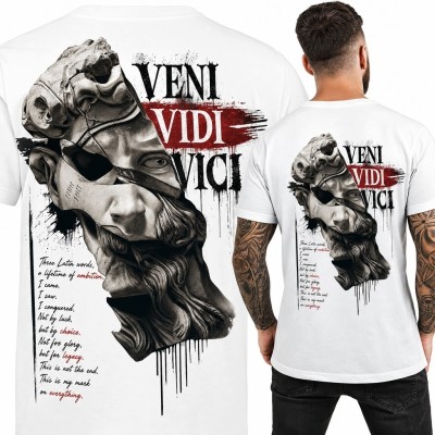 Koszulka męska z antycznym wojownikiem „Veni vidi vici” - duży nadruk na plecach