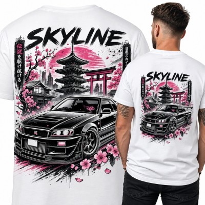 Koszulka męska z Nissanem Skyline GT-R i napisem „Skyline” - japoński motyw JDM