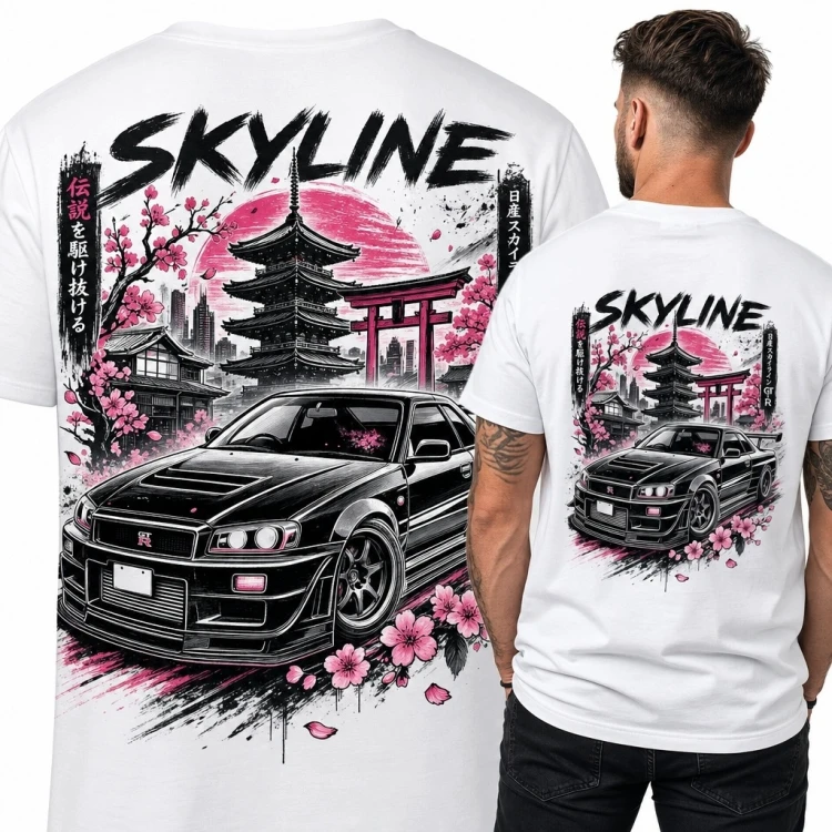 Koszulka męska z Nissanem Skyline GT-R i napisem „Skyline” - japoński motyw JDM