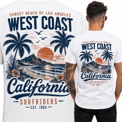 Koszulka męska „West Coast” z palmami i zachodem słońca - California retro surf