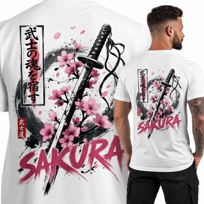 Koszulka męska z kataną i kwiatami sakury „Sakura” - nadruk na plecach