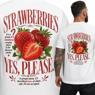 Koszulka męska z truskawkami i napisem „Strawberries - yes, please” - nadruk retro na plecach