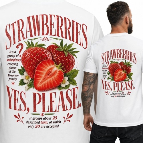 Koszulka męska z truskawkami i napisem „Strawberries - yes, please” - nadruk retro na plecach