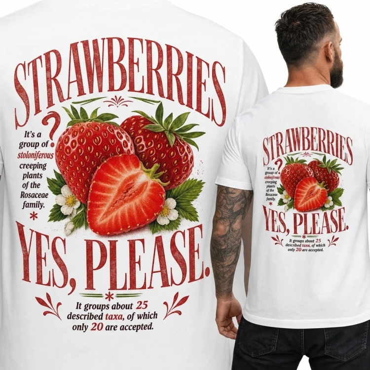 Koszulka męska z truskawkami i napisem „Strawberries - yes, please” - nadruk retro na plecach