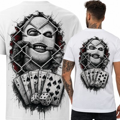 Koszulka męska z zamaskowaną twarzą, kartami i kośćmi - mroczny streetwear