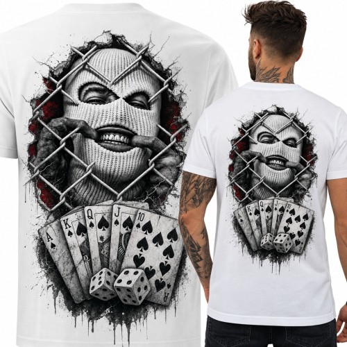 Koszulka męska z zamaskowaną twarzą, kartami i kośćmi - mroczny streetwear