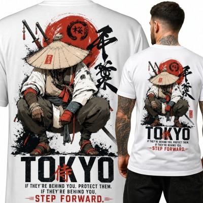 Koszulka męska z przykucniętym samurajem i napisem „Tokyo” - nadruk na plecach