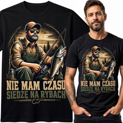 Koszulka męska dla wędkarza „Nie mam czasu siedzę na rybach” - motyw z rybą