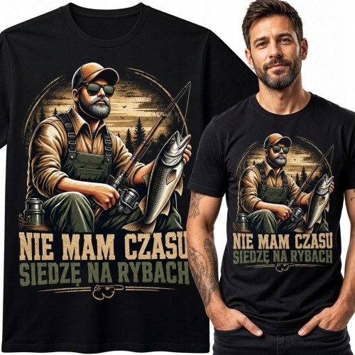 Koszulka męska dla wędkarza „Nie mam czasu siedzę na rybach” - motyw z rybą