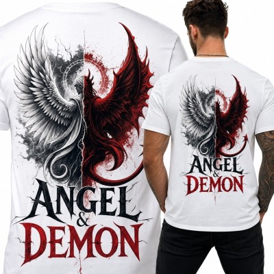 Koszulka męska z aniołem i demonem „Angel &amp; Demon” - gotycki nadruk na plecach
